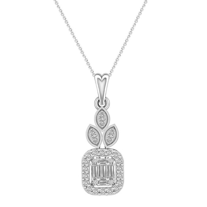 LADIES PENDANT WITH CHAIN 0.25CT ROUND/BAGUETTE DIAMOND 14K WHITE GOLD - Image 1