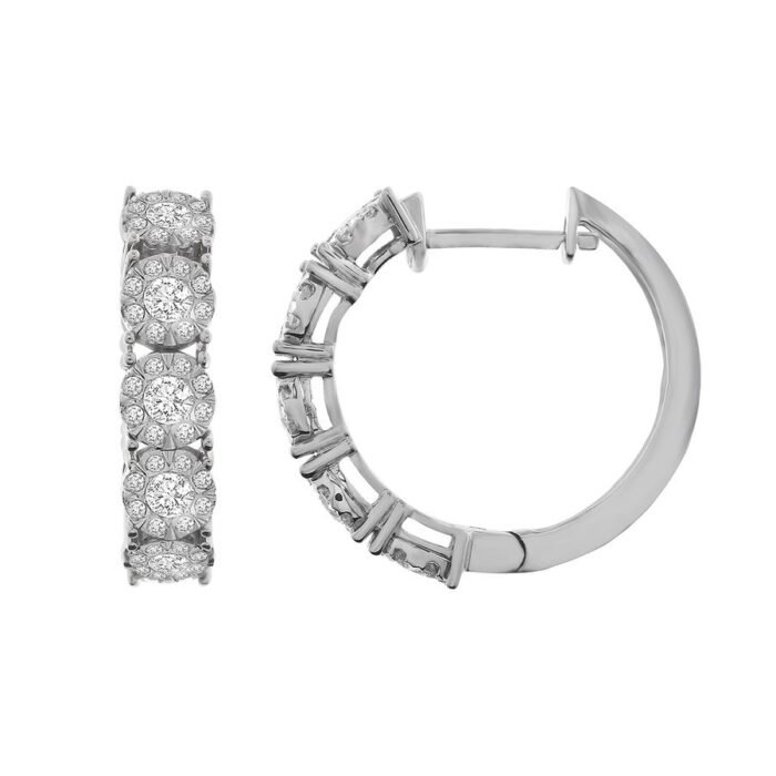 LADIES HOOP EARRINGS 1.00CT ROUND DIAMOND 10K WHITE GOLD - Image 1