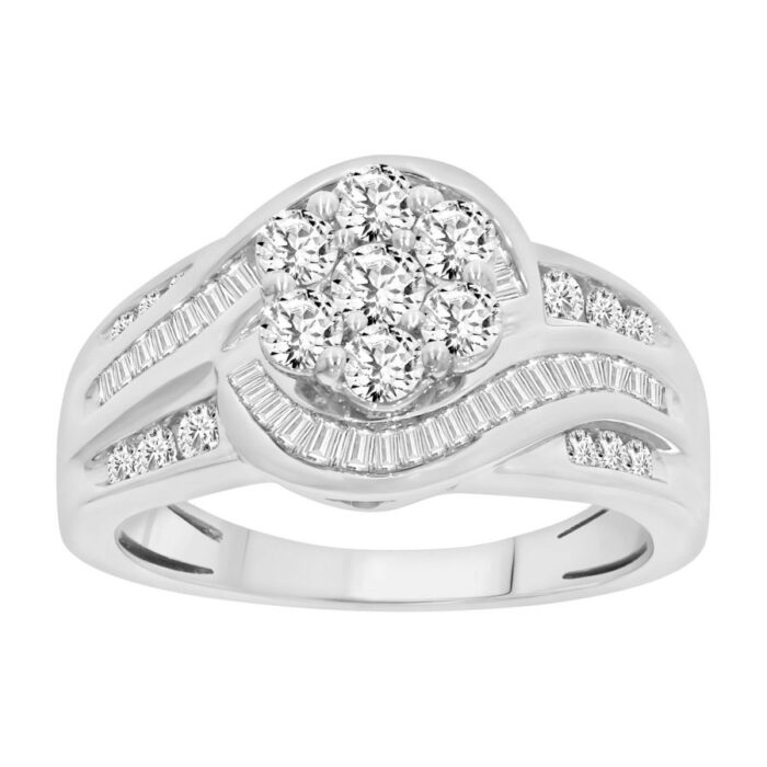 LADIES RING 1.00CT ROUND/BAGUETTE DIAMOND 14K WHITE GOLD (SI QUALITY) - Image 1