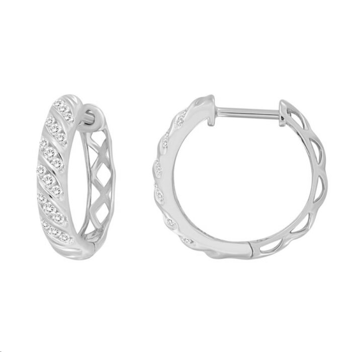 LADIES HOOPS EARRINGS 0.25CT ROUND DIAMOND 10K WHITE GOLD - Image 1