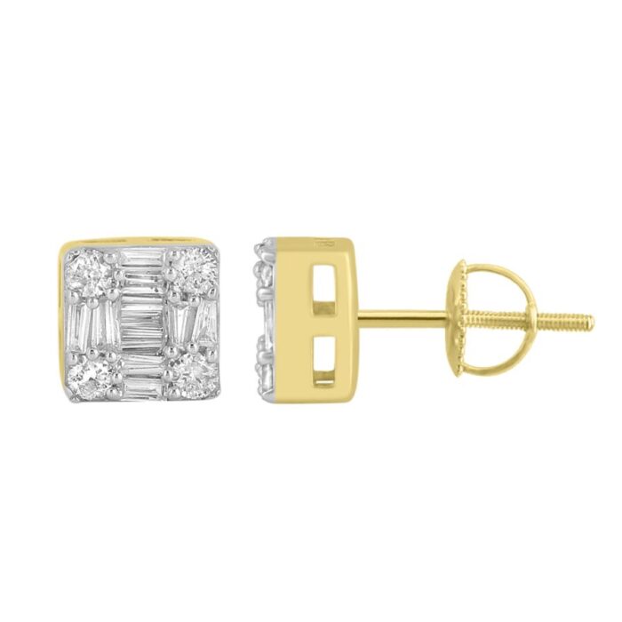 LADIES STUD EARRINGS 0.50CT ROUND/BAGUETTE DIAMOND 10K YELLOW GOLD - Image 1