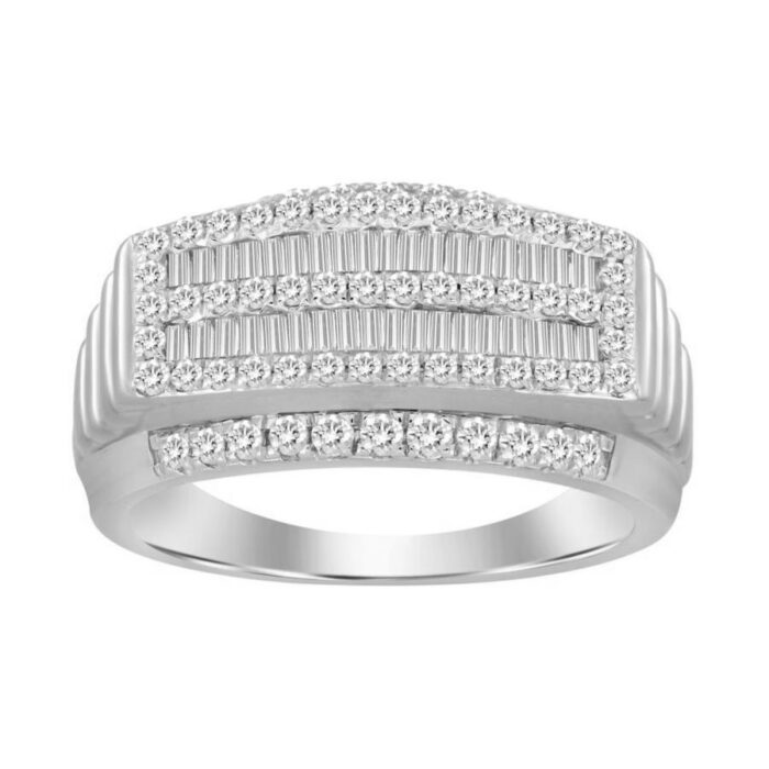 MEN'S RING 1.00CT ROUND/BAGUETTE DIAMOND 10K WHITE GOLD - Image 1