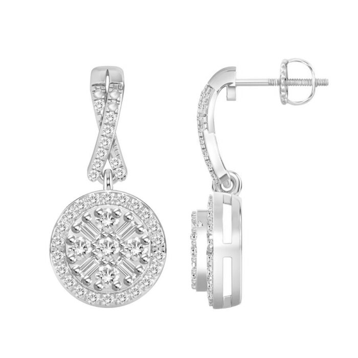 LADIES EARRINGS 0.30CT ROUND/BAGUETTE DIAMOND 10K WHITE GOLD - Image 1