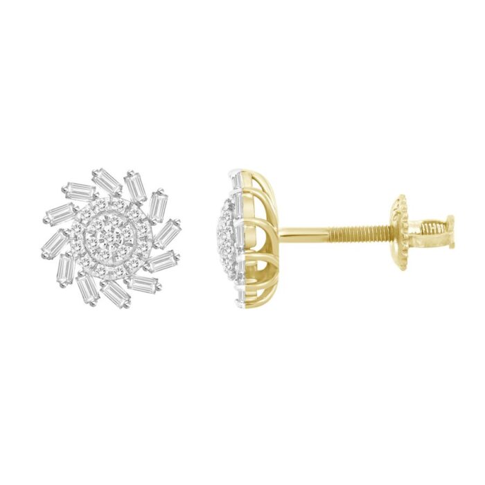 LADIES EARRINGS 0.33CT ROUND/BAGUETTE DIAMOND 10K YELLOW GOLD - Image 1