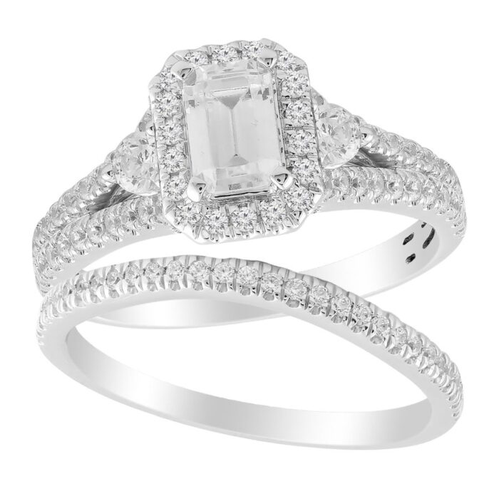 LADIES BRIDAL SET 1.25CT ROUND DIAMOND 14K WHITE GOLD (SI QUALITY) (CENTER STONE 0.50CT EMERALD DIAMOND) - Image 1