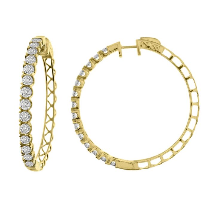 LADIES HOOP EARRINGS 2.00CT ROUND DIAMOND 10K YELLOW GOLD - Image 1
