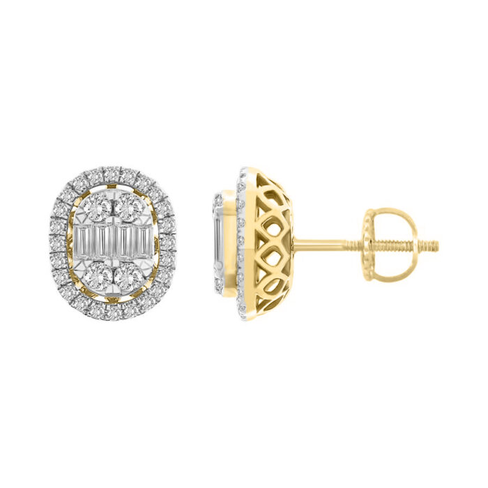 LADIES EARRINGS 0.50CT ROUND/BAGUETTE DIAMOND 14K YELLOW GOLD (SI QUALITY) - Image 1