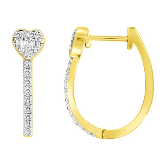 LADIES HOOPS EARRINGS 0.25CT ROUND/BAGUETTE DIAMOND 10K YELLOW GOLD - Image 1