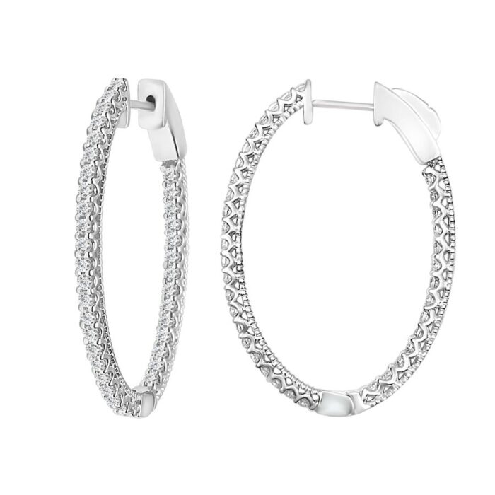 LADIES HOOP EARRINGS 1.00CT ROUND DIAMOND 10K WHITE GOLD - Image 1