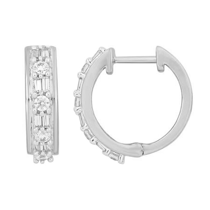 LADIES HOOP EARRINGS 0.40CT ROUND/BAGUETTE DIAMOND 10K WHITE GOLD - Image 1