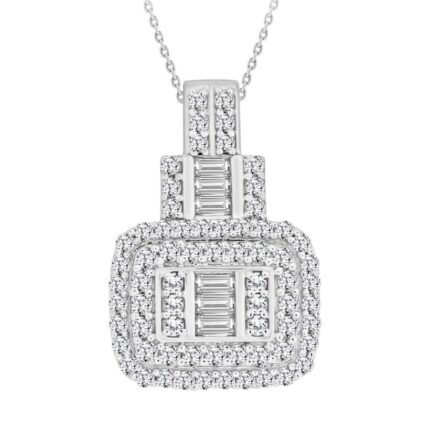 LADIES PENDANT WITH CHAIN 0.75CT ROUND/BAGUETTE DIAMOND 14K WHITE GOLD