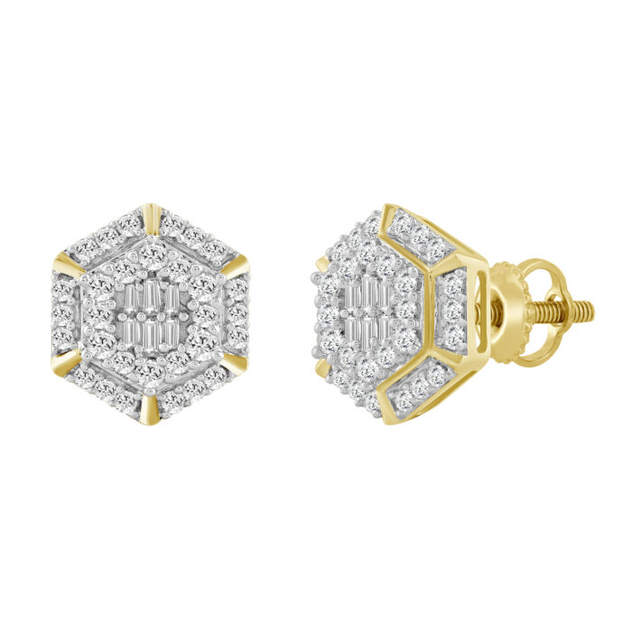 LADIES EARRINGS 0.50CT ROUND/BAGUETTE DIAMOND 10K YELLOW GOLD - Image 1