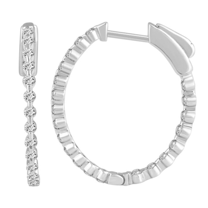 LADIES HOOP EARRINGS 1.00CT ROUND DIAMOND 14K WHITE GOLD - Image 1