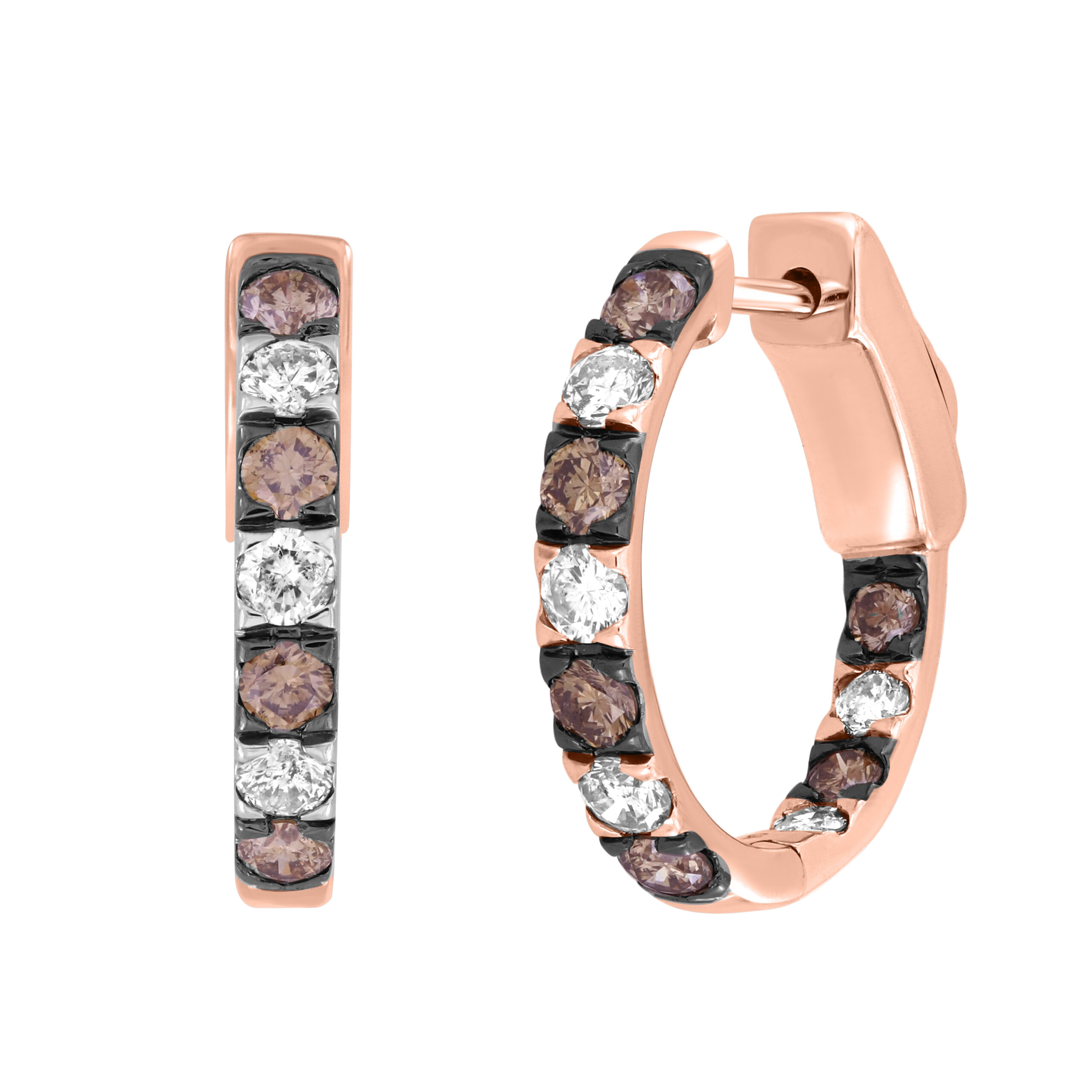 LADIES HOOP EARRINGS 1.00CT ROUND BLUE DIAMOND 14K ROSE GOLD - Image 1