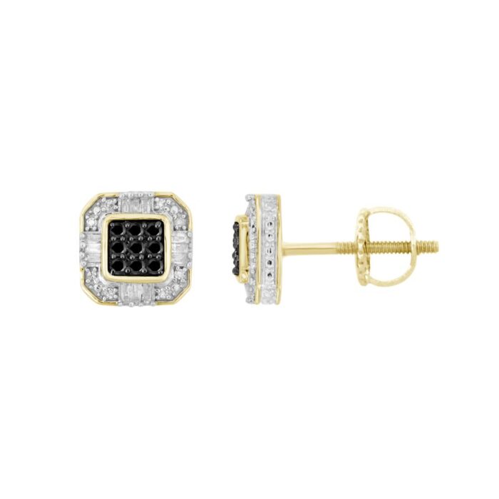 LADIES EARRINGS 0.25CT ROUND/BLACK/BAGUETTE DIAMOND 10K YELLOW GOLD - Image 1