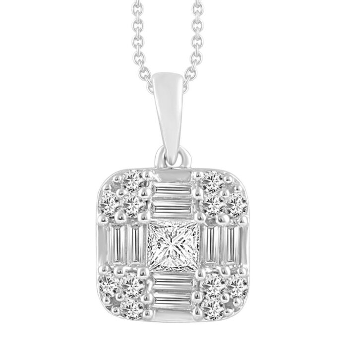 LADIES PENDANT WITH CHAIN 0.50CT ROUND/PRINCESS/BAGUETTE DIAMOND 14K WHITE GOLD - Image 1