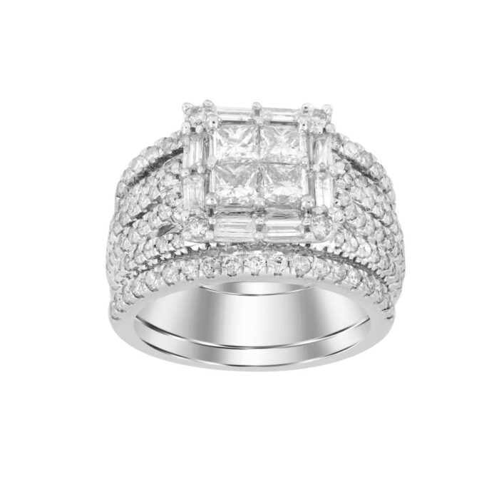 LADIES BRIDAL SET 2.50CT ROUND/BAGUETTE/PRINCESS 14K WHITE GOLD - Image 1