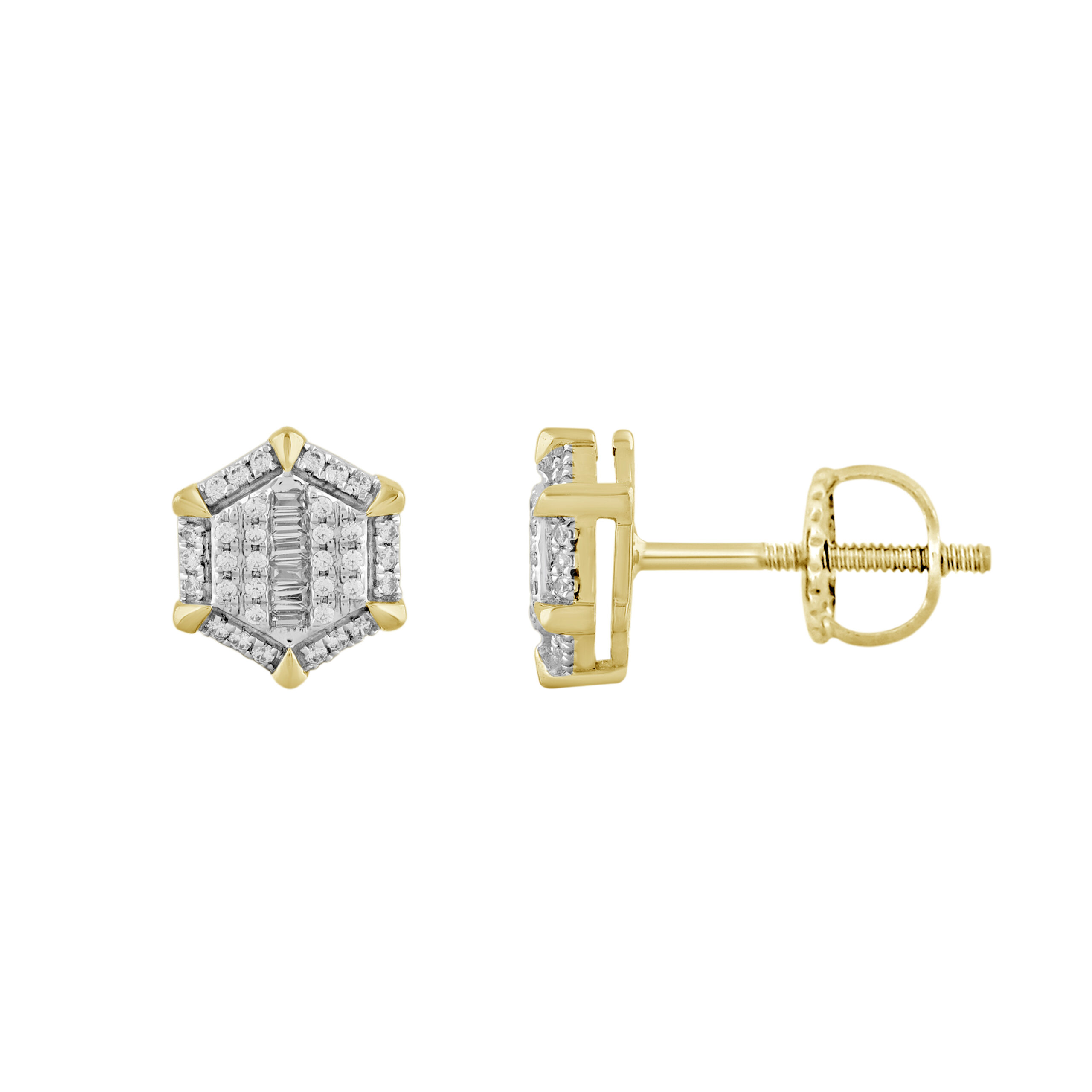LADIES EARRINGS 0.25CT ROUND/BAGUETTE DIAMOND 10K YELLOW GOLD - Image 1