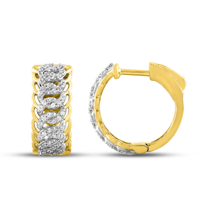 LADIES HOOPS EARRINGS 0.25CT ROUND DIAMOND 10K YELLOW GOLD - Image 1
