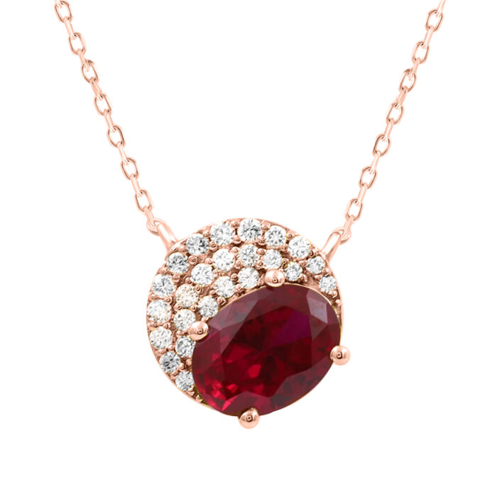LADIES PENDANT WITH CHAIN 1.55CT ROUND/OVAL/RUBY DIAMOND 14K ROSE GOLD (CENTER STONE OVAL RUBY-1.40CT) - Image 1