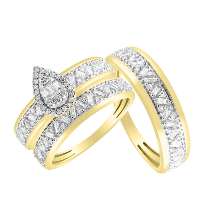 LADIES TRIO SET 1.00CT ROUND/BAGUETTE DIAMOND 10K YELLOW GOLD - Image 1