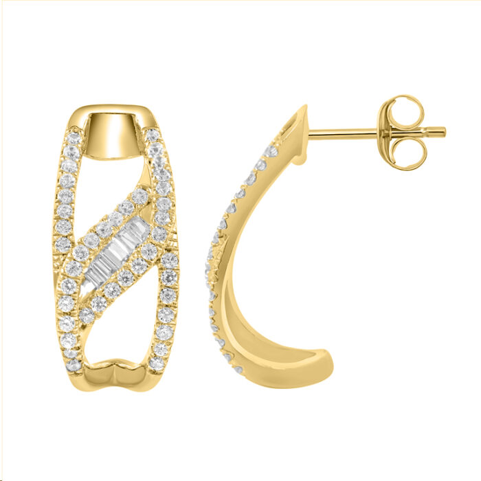 LADIES HOOPS EARRING 0.33CT BAGUETTE/ROUND DIAMOND 14K YELLOW GOLD - Image 1