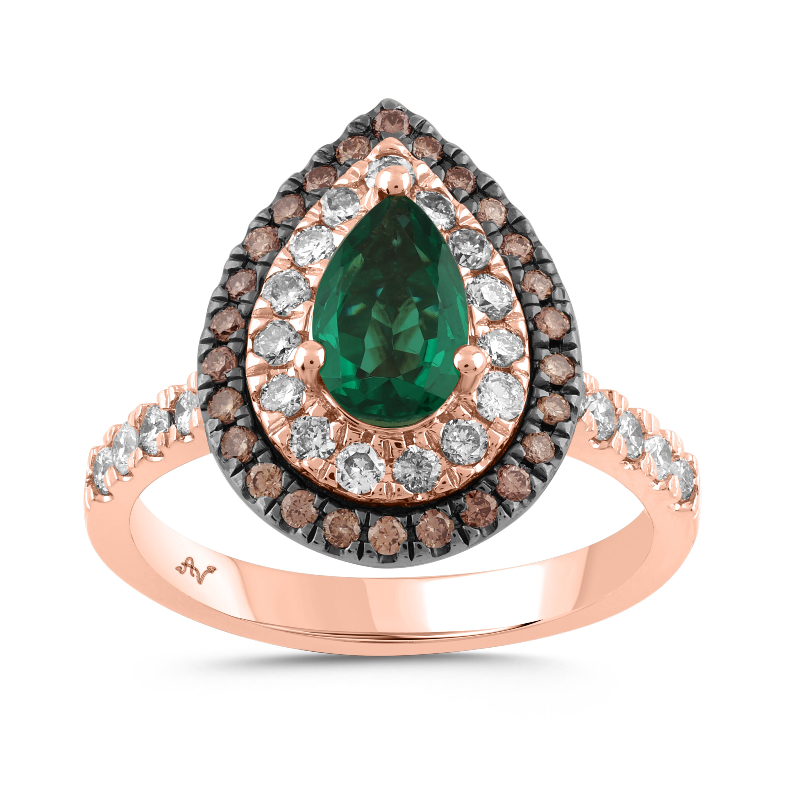 LADIES RING 2.00CT ROUND/DARK BROWN/PEAR EMERALD DIAMOND 14K ROSE GOLD (CENTER STONE EMERALD DIAMOND 1.25CT) - Image 1