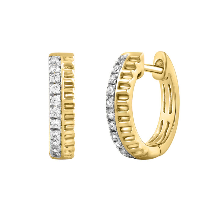 LADIES HOOP EARRINGS 0.16CT ROUND DIAMOND 10K YELLOW GOLD - Image 1