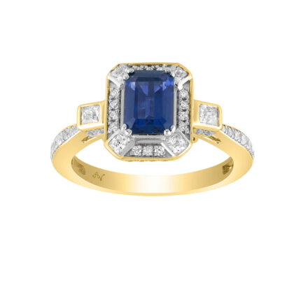 LADIES RING 1.50CT ROUND/PRINCESS/BLUE SAPPHIRE EMERALD DIAMOND 14K YELLOW GOLD (CENTER STONE 1.00CT BLUE SAPPHIRE EMERALD DIAMOND)