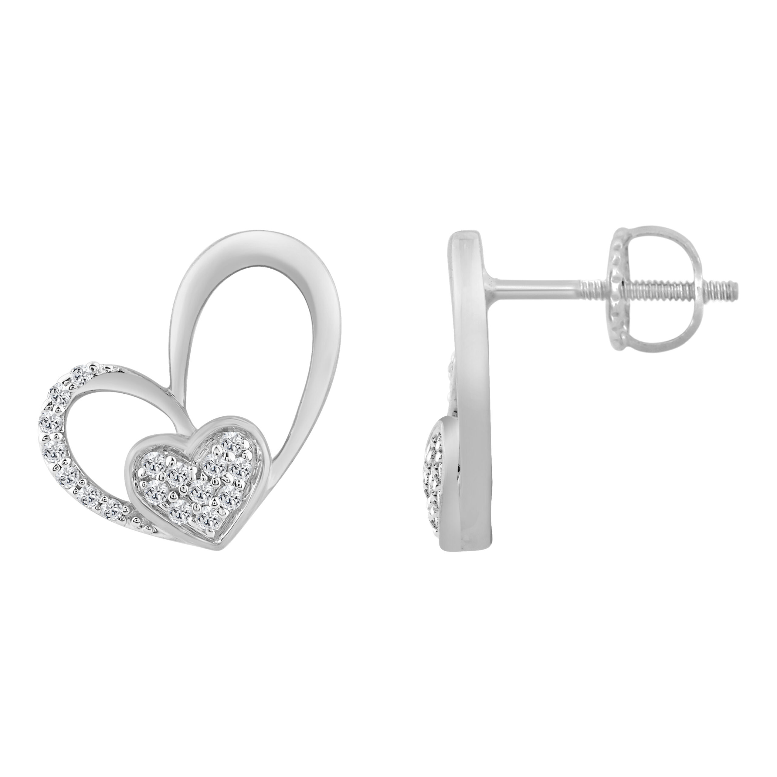 10K WHITE GOLD DOUBLE HEART DIAMOND EARRING FOR LADIES 0.15CT ROUND DIAMOND - Image 1