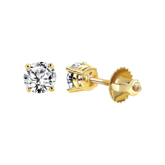 LADIES SOLITAIRE EARRINGS 1.00CT ROUND DIAMOND 14K YELLOW GOLD - Image 1