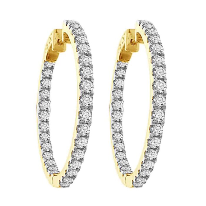LADIES HOOP EARRINGS 3.00CT ROUND DIAMOND 10K YELLOW GOLD - Image 1