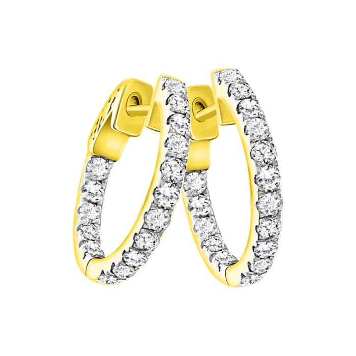 LADIES HOOPS EARRINGS 1.00CT ROUND DIAMOND 14K YELLOW GOLD - Image 1