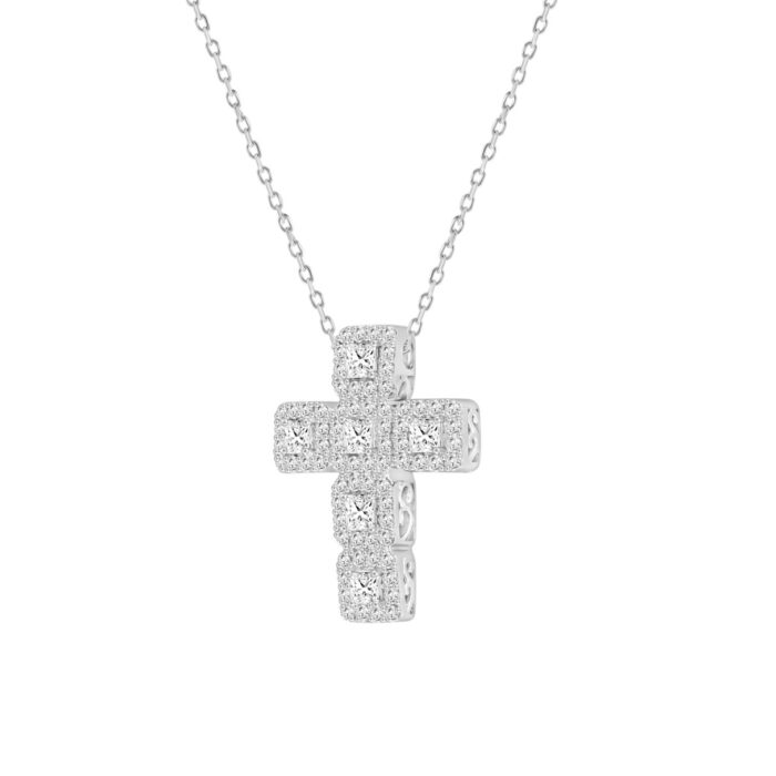 LADIES CROSS PENDANT WITH CHAIN 3CT ROUND/PRINCESS DIAMOND 14K WHITE GOLD - Image 3