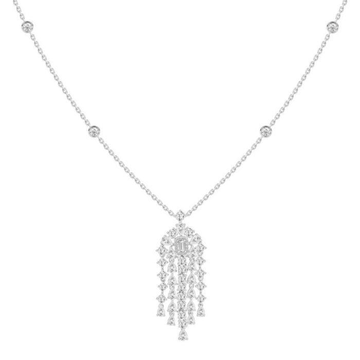 LADIES NECKLACE 7 1/2CT ROUND/PEAR/EMERALD DIAMOND 14K WHITE GOLD - Image 1