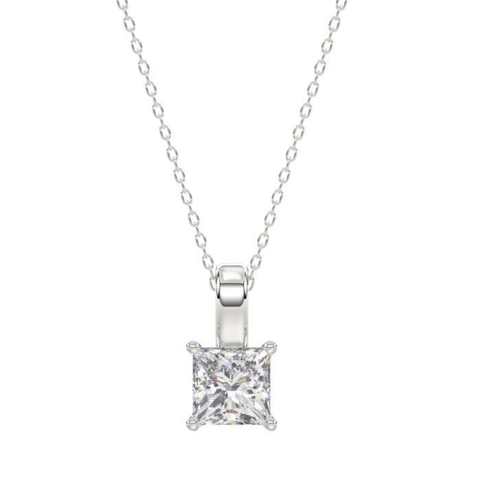 LADIES SOLITAIRE PENDANT WITH CHAIN 2CT PRINCESS DIAMOND 14K WHITE GOLD - Image 1