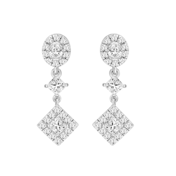 LADIES EARRINGS 1 3/4CT ROUND/OVAL/PRINCESS DIAMOND 14K WHITE GOLD - Image 1
