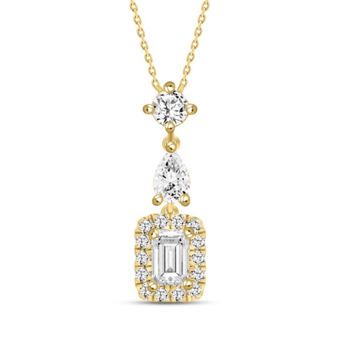 LADIES NECKLACE WITH CHAIN 1 1/2CT ROUND/PEAR/EMERALD DIAMOND 14K YELLOW GOLD - Image 1