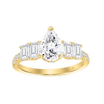 LADIES RING 2CT ROUND/EMERALD/PEAR DIAMOND 14K YELLOW GOLD (CENTER STONE PEAR DIAMOND 1CT )