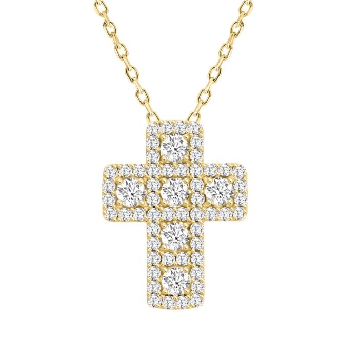 LADIES CROSS PENDANT WITH CHAIN 2 1/2CT ROUND DIAMOND 14K YELLOW GOLD - Image 1