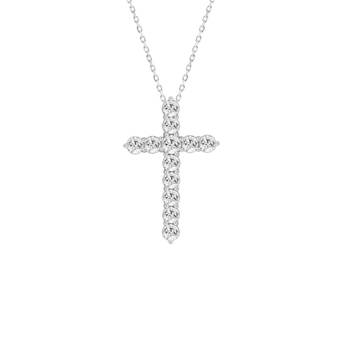 LADIES CROSS PENDANT WITH CHAIN 5CT ROUND DIAMOND 14K WHITE GOLD - Image 1