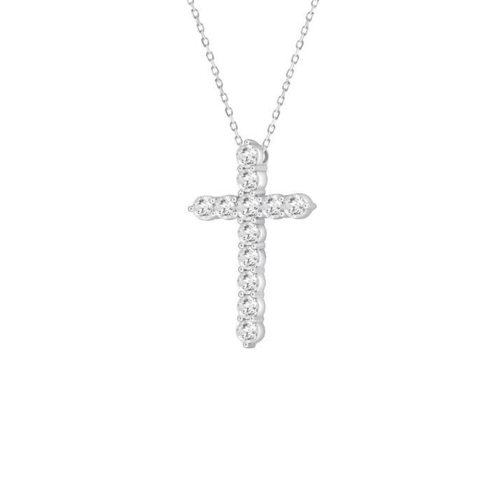 LADIES CROSS PENDANT WITH CHAIN 5CT ROUND DIAMOND 14K WHITE GOLD - Image 3