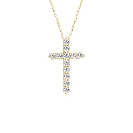 LADIES CROSS PENDANT WITH CHAIN 5CT ROUND DIAMOND 14K YELLOW GOLD