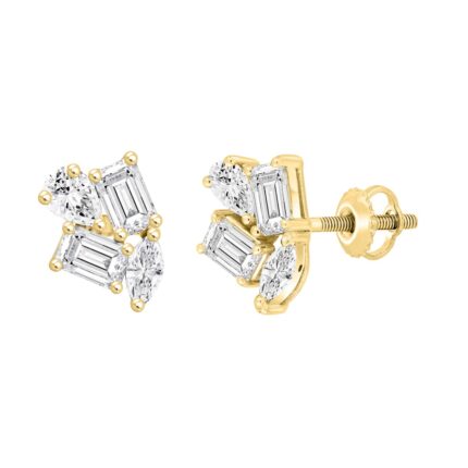 LADIES STUD EARRINGS 3 1/2CT EMERALD/ROUND DIAMOND 14K YELLOW GOLD