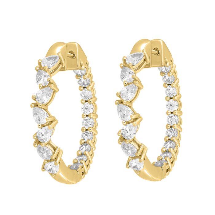 LADIES HOOP EARRINGS 4 3/4CT PEAR/ROUND DIAMOND 14K YELLOW GOLD - Image 1