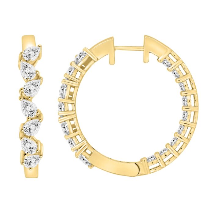 LADIES HOOP EARRINGS 4 3/4CT PEAR/ROUND DIAMOND 14K YELLOW GOLD - Image 2