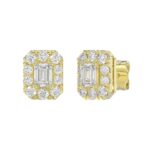 LADIES STUD EARRINGS 1CT EMERALD/ROUND DIAMOND 14K YELLOW GOLD - Image 3