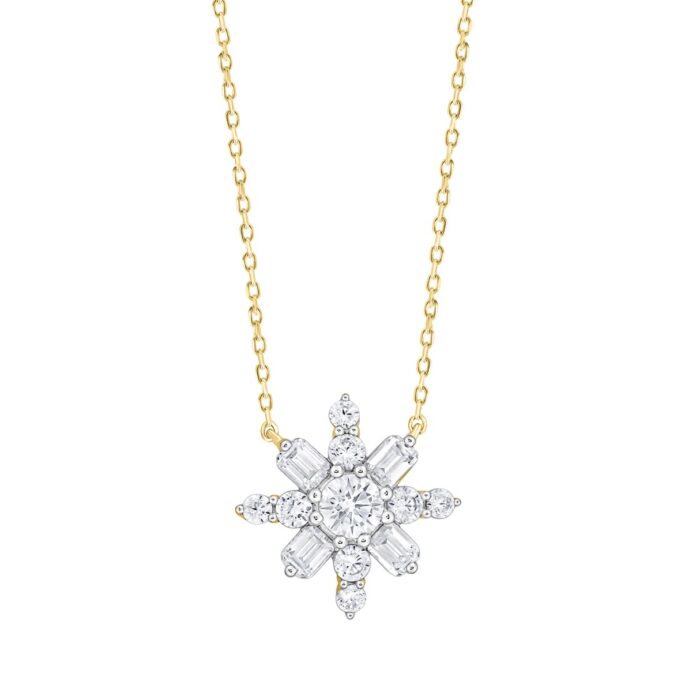LADIES PENDANT 1 1/2CT ROUND/EMERALD DIAMOND 14K YELLOW GOLD WITH CHAIN - Image 1