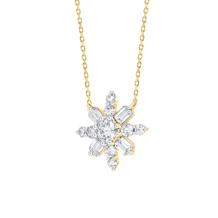 LADIES PENDANT 1 1/2CT ROUND/EMERALD DIAMOND 14K YELLOW GOLD WITH CHAIN - Image 3
