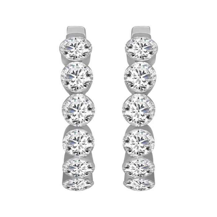 LADIES HOOP EARRINGS 1 3/4CT ROUND DIAMOND 14K WHITE GOLD - Image 1